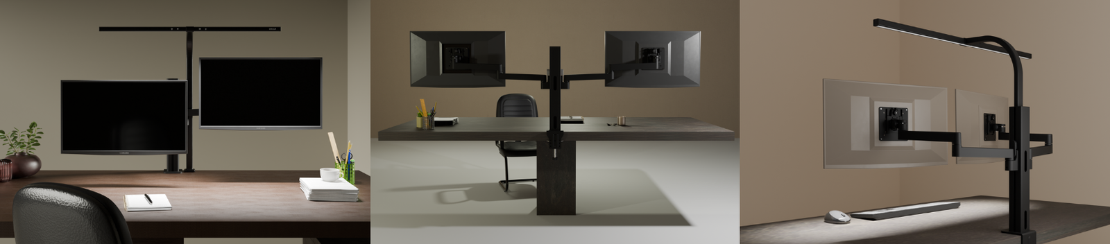 Double bras support écran avec deux écrans PC et lampe de bureau intégrée : vues de face, de dos et en trois‑quarts.