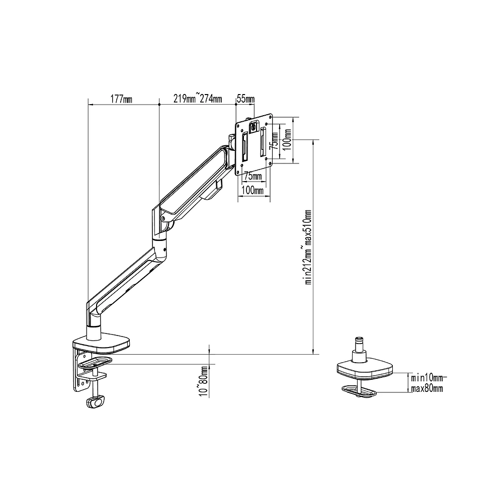 Bras écran simple avec vérin à gaz VALIO
